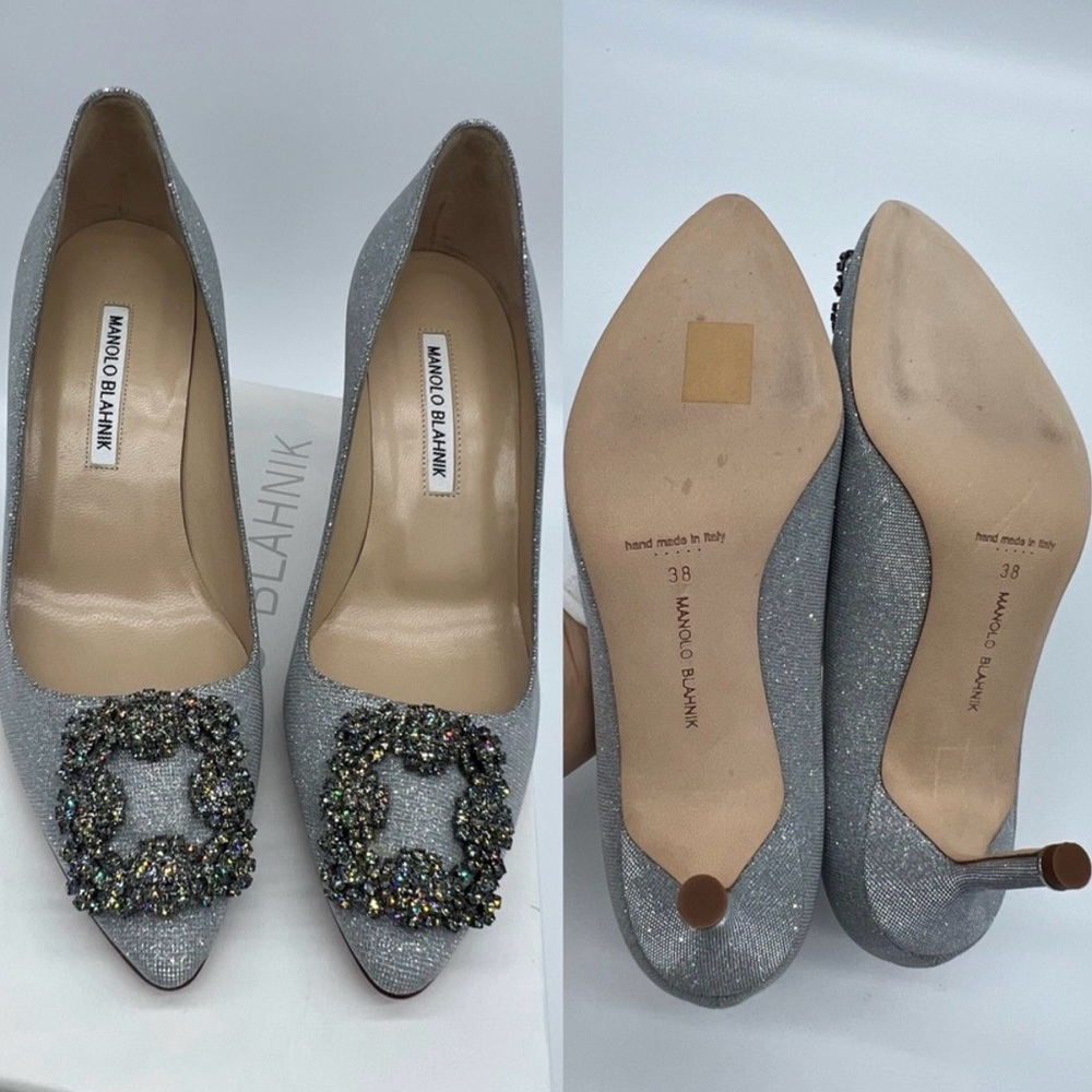 Authentic Manolo Blahnik classic silver Hangisi 70mm